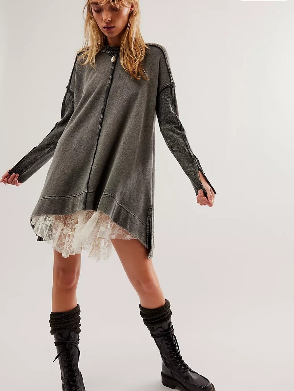 Free People Pirouette Sweatshirt Tunic Washed Black Size Large 100% Cotton